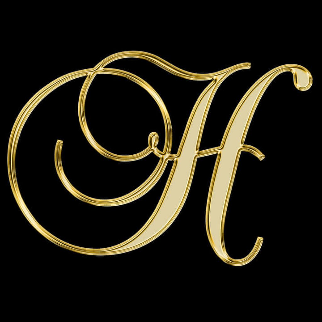 Elegant gold cursive letter H on black background luxury wallpaper high contrast minimalist design