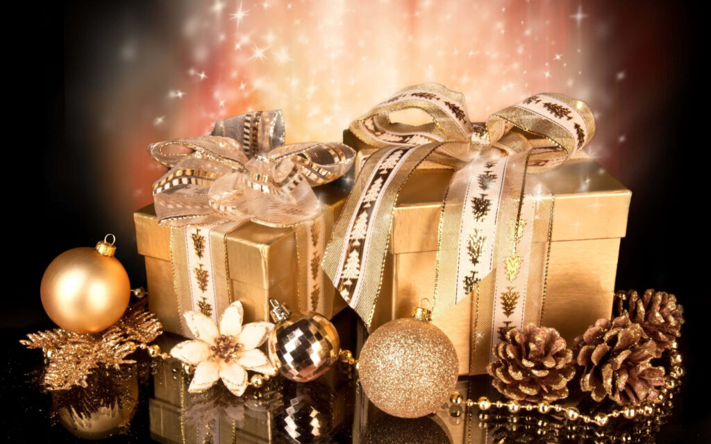 Elegant Golden Gifts with Ribbons & Ornaments: Festive Wallpaper