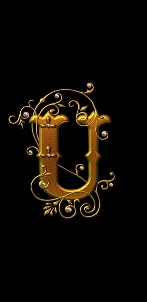 Elegant gold letter U wallpaper with 3D metallic design ornate filigree swirls pearls black background