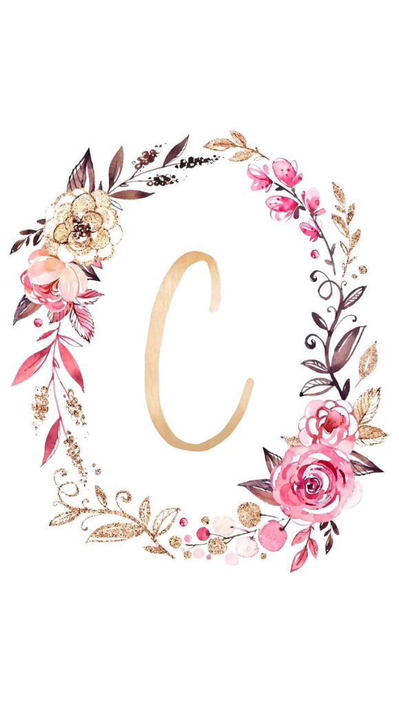 Elegant gold script letter C with watercolor roses and botanical frame on white background wallpaper