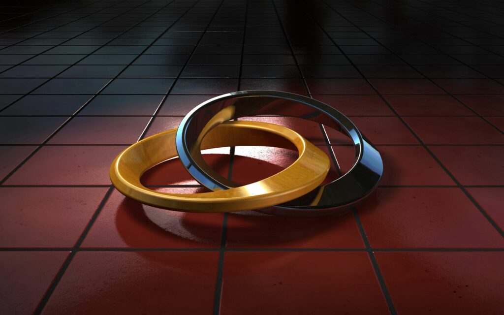 Elegant Interlocking Gold & Silver Rings on Dark Glossy Background Wallpaper