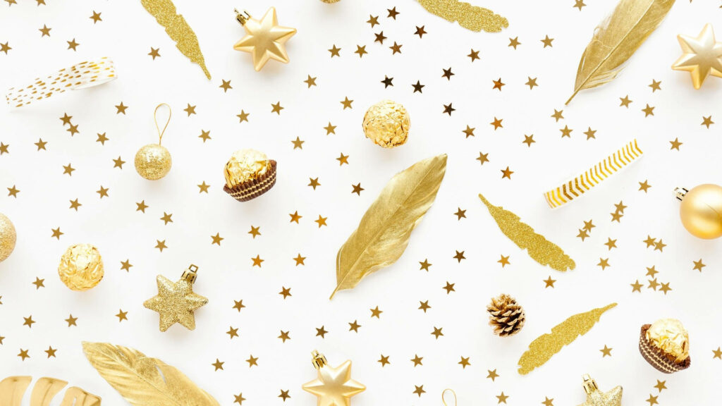 Elegant Gold & White Holiday Wallpaper with Festive Ornaments