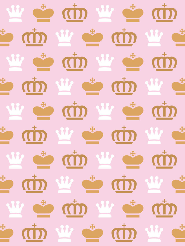 Repeating golden and white royal crowns pattern on soft pink background elegant wallpaper