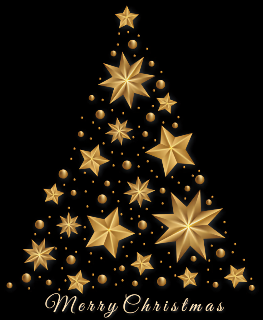 Golden Christmas Tree Wallpaper with Stars on Black Background
