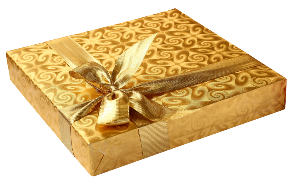 Elegant Golden Gift Box Wallpaper with Satin Ribbon & Swirling Design