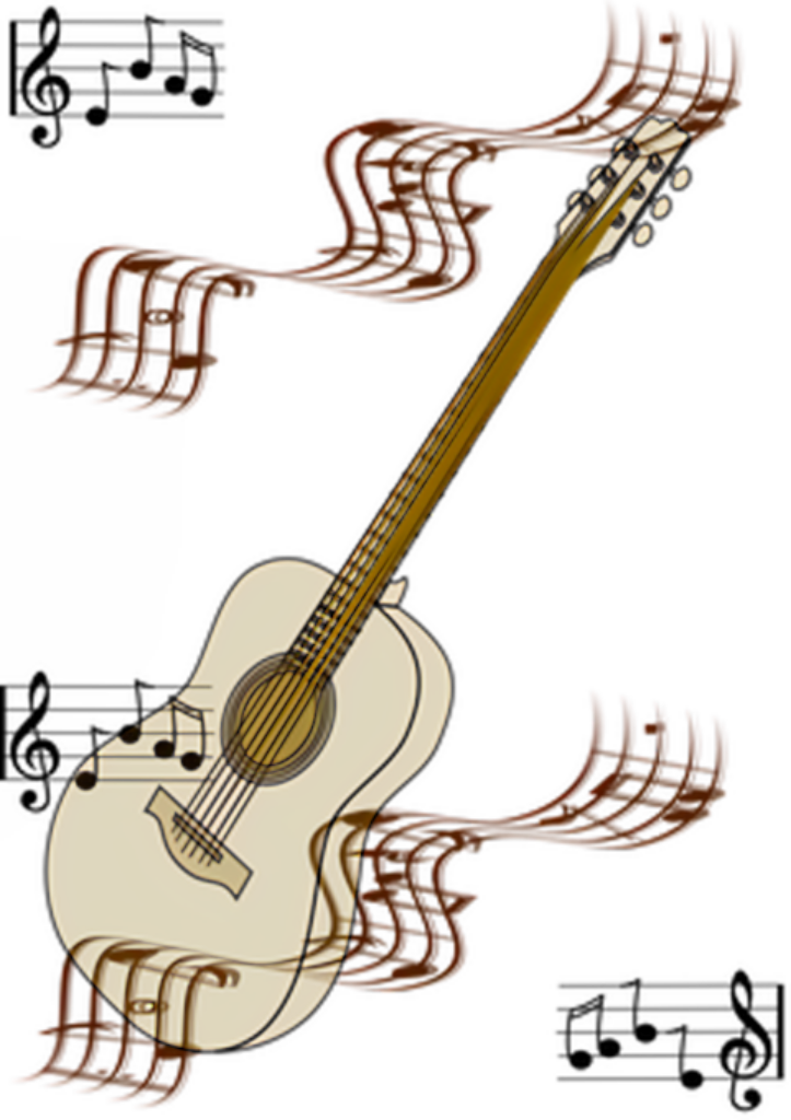 Elegant Golden Guitar Wallpaper: Music Notes & Flowing Waves Design