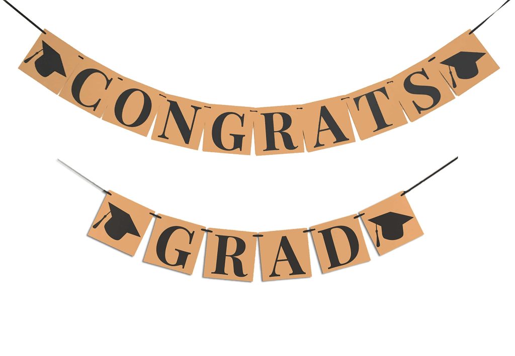 Graduation banner with tan panels spelling CONGRATS GRAD bold black letters mortarboard icons Wallpaper