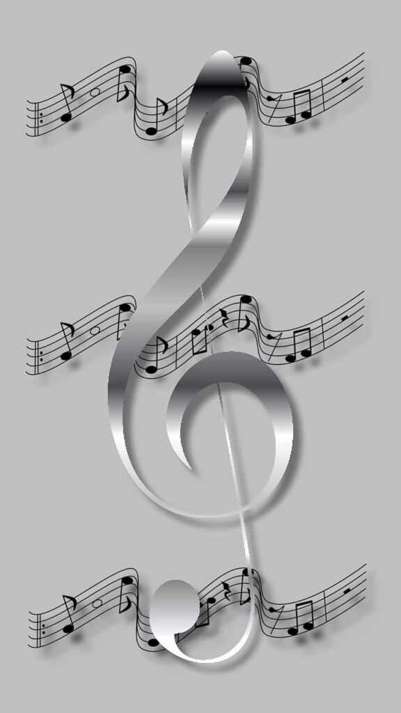 Elegant Gray Wallpaper: Polished Silver Treble Clef & Black Notes