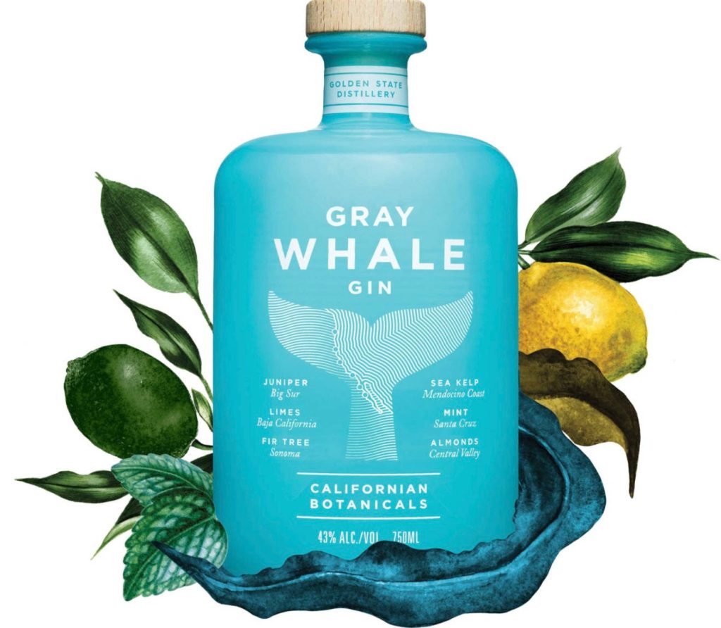 Gray Whale Gin wallpaper with turquoise bottle and fresh Californian lime lemon botanicals background