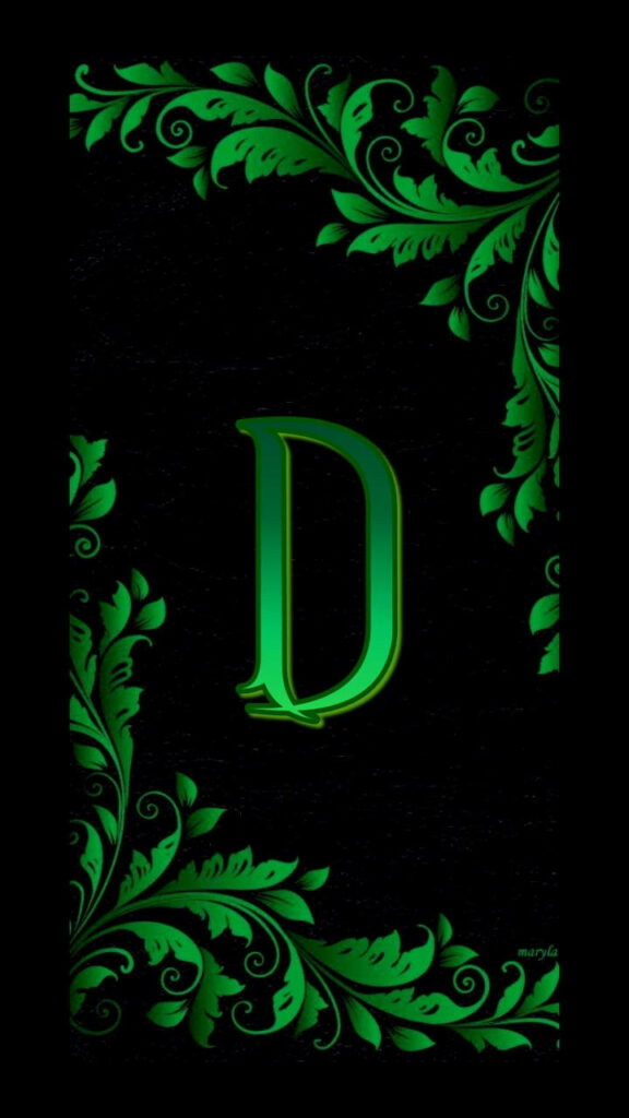 Elegant green gradient letter D on black background with intricate leafy nature-inspired patterns wallpaper