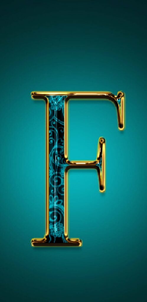 Elegant green letter F with gold floral outline on soft teal gradient wallpaper background