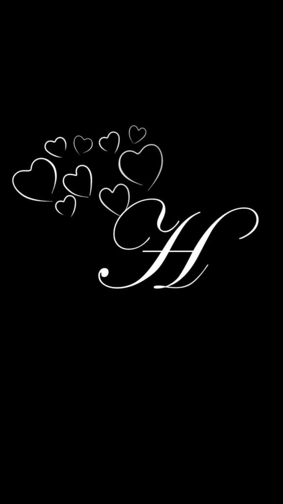 Elegant Script Letter H Wallpaper with Hearts on Black Background