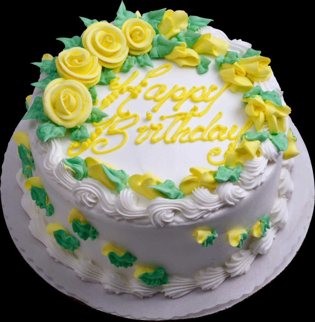 Elegant Happy Birthday Cake with Yellow Roses - Vibrant Celebration Background Wallpaper