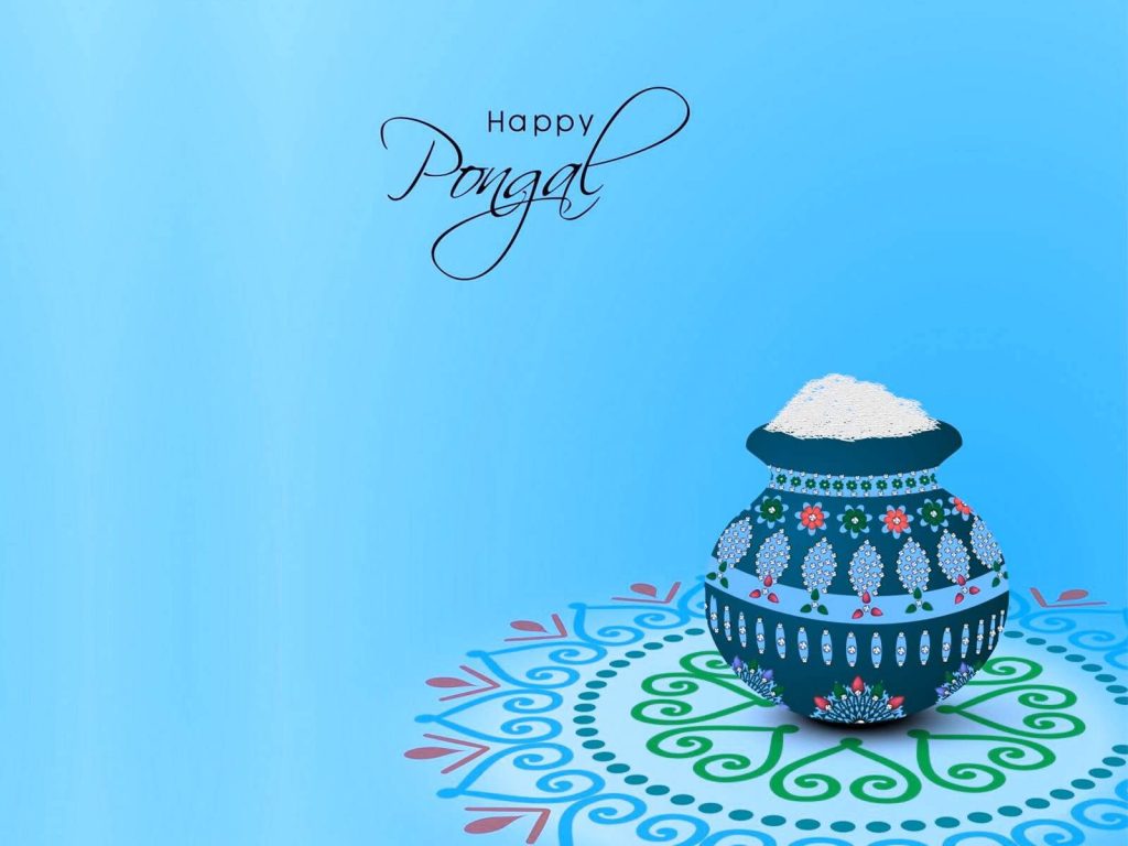 Happy Pongal wallpaper with blue pot overflowing rice on vibrant rangoli festive background
