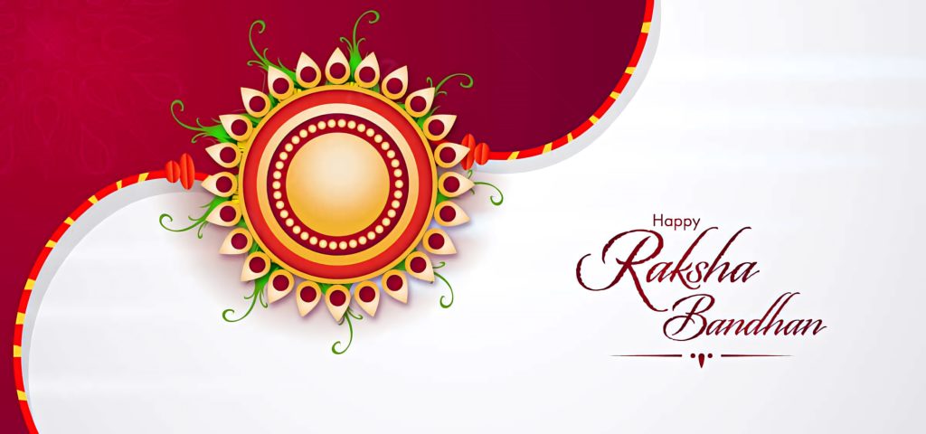 Elegant Happy Raksha Bandhan wallpaper with gold red Rakhi on maroon white fluid background