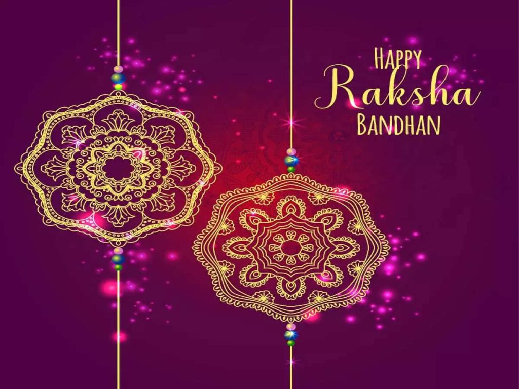 Elegant Happy Raksha Bandhan wallpaper with golden rakhis and vibrant purple festive background