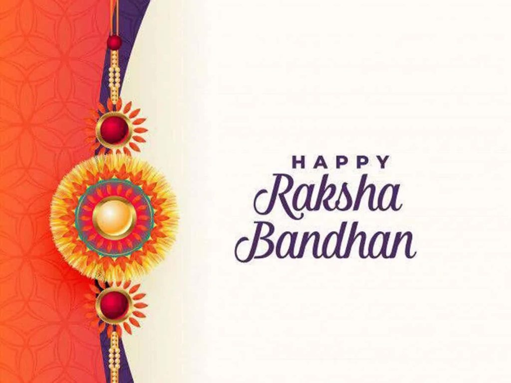 Happy Raksha Bandhan wallpaper with vibrant traditional Rakhi on red purple background design