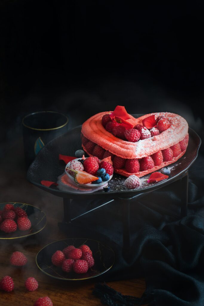 Elegant Heart-Shaped Cake Wallpaper: Raspberries & Blueberries Delight
