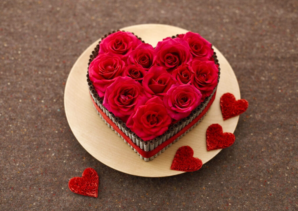Elegant Heart-Shaped Cake with Roses on Wooden Platter Background Wallpaper