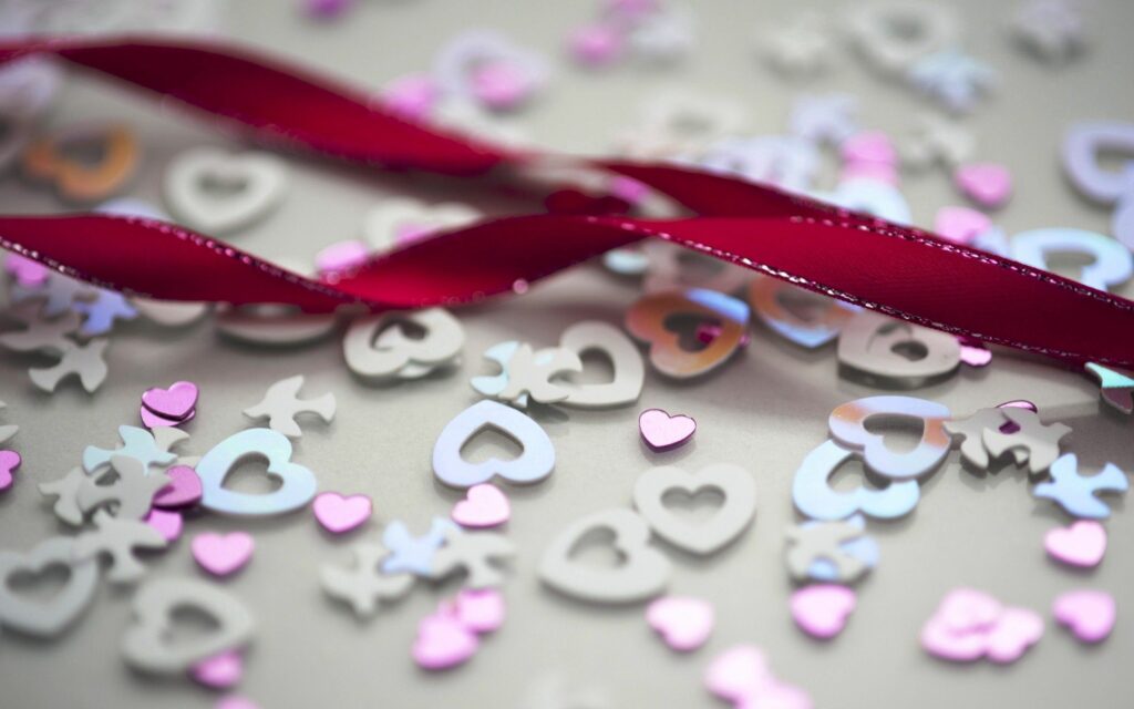 Charming Heart & Star Sequin Wallpaper with Elegant Red Ribbon