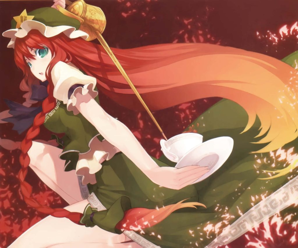 Hong Meiling Touhou Project wallpaper anime green outfit star cap tea set red background