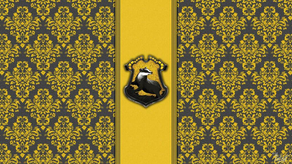 Hufflepuff logo wallpaper with iconic badger crest on yellow and black patterned background