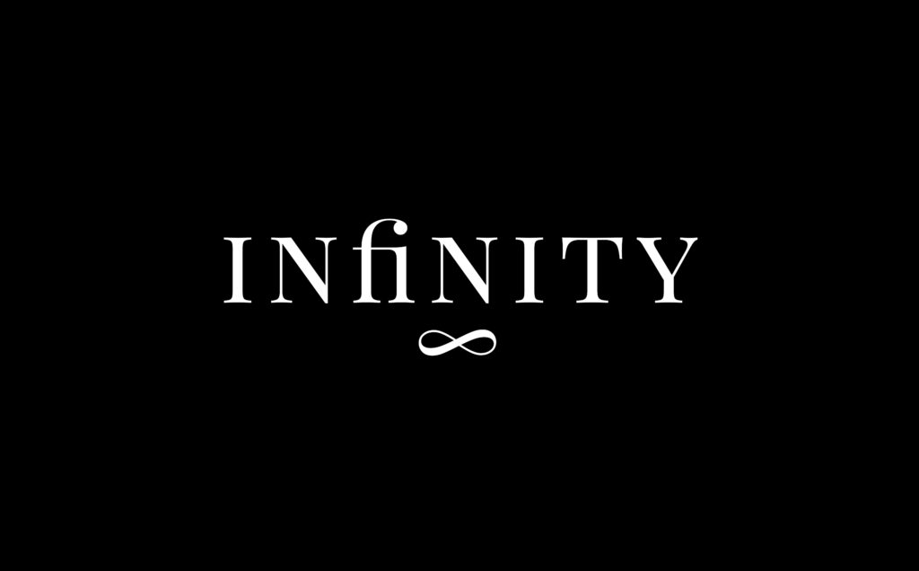 Elegant Infinity Wallpaper in Serif Font on Sleek Black Background