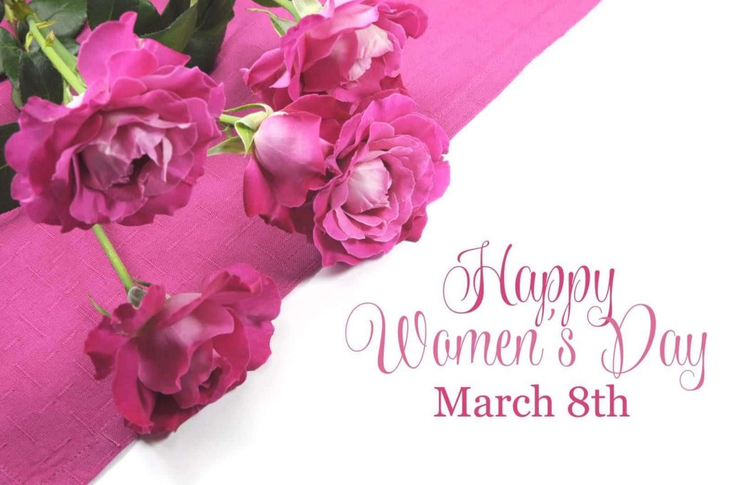 Elegant International Womens Day wallpaper with pink roses on fuchsia fabric and white background
