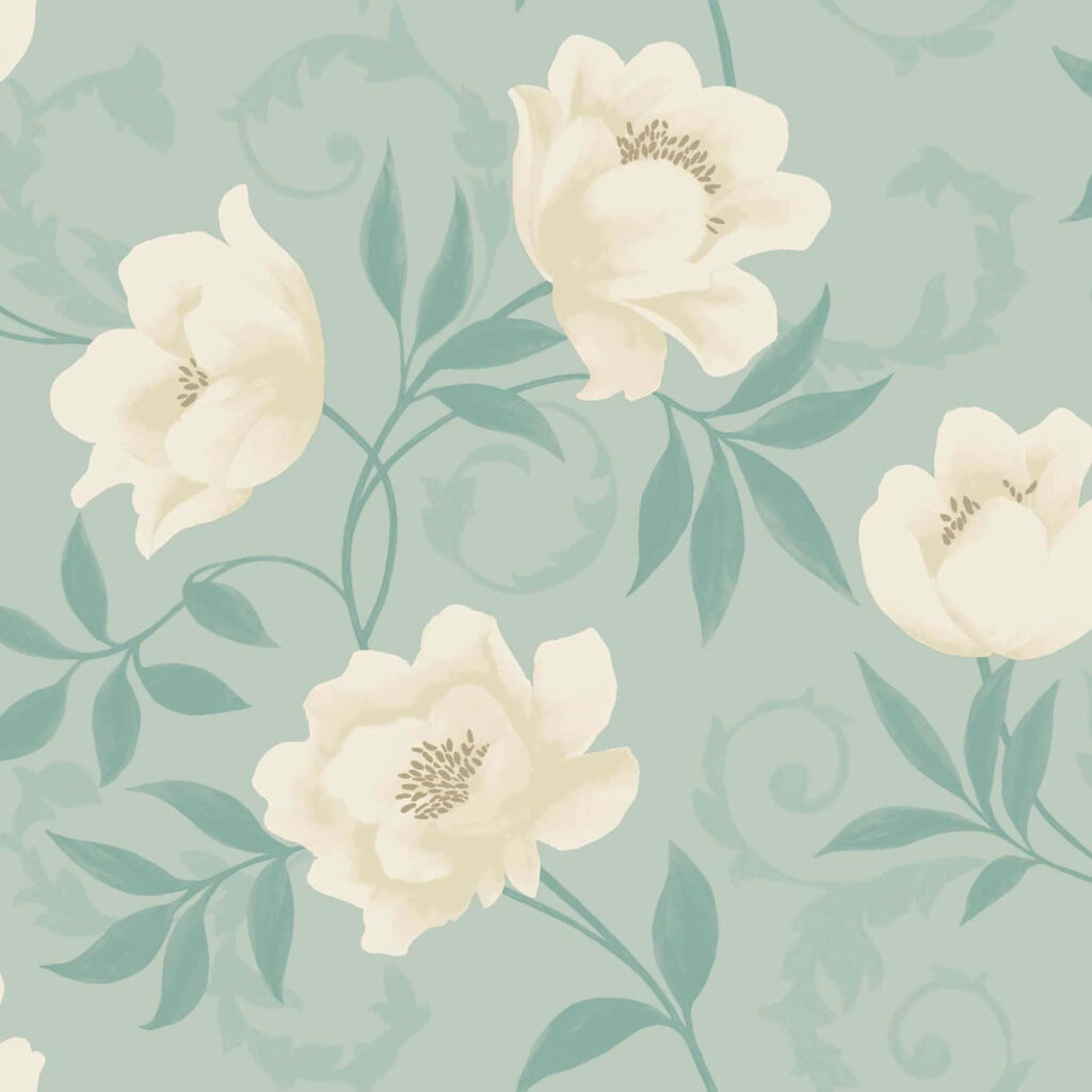 Elegant Ivory Flowers Wallpaper with Teal Background Design