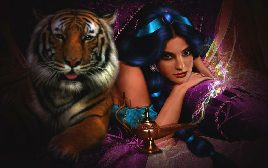 Vibrant Jasmine & Rajah Wallpaper: Elegance Meets Magic Lamp