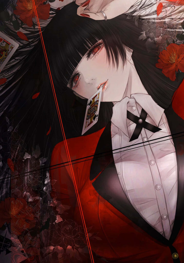 Elegant Kakegurui Character Wallpaper with Floral Red Background