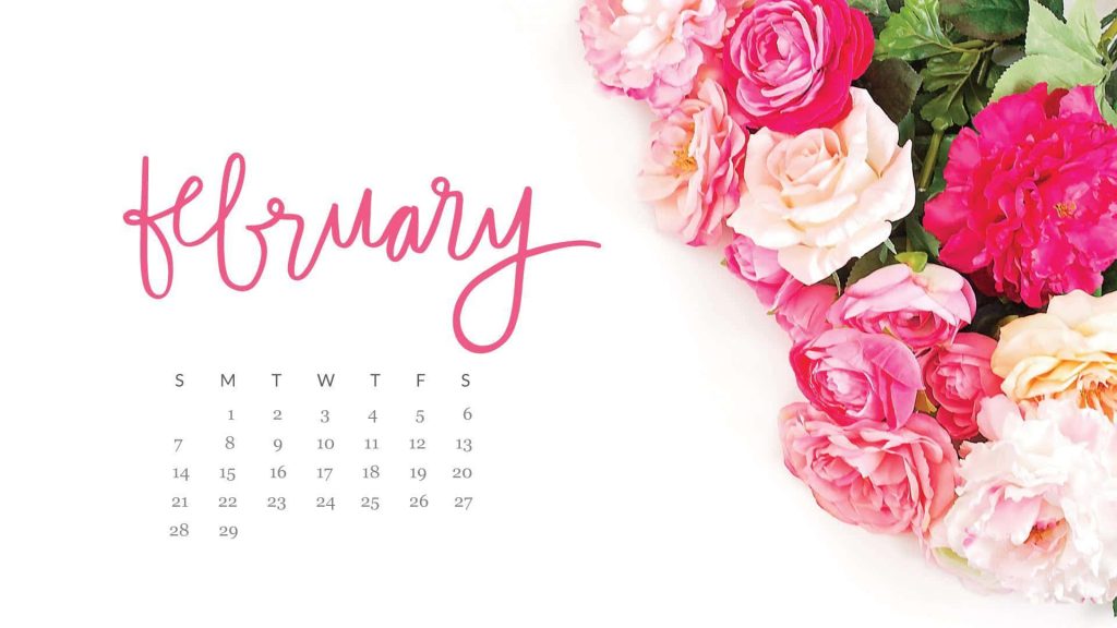 February leap year calendar wallpaper with pink and peach roses floral bouquet design