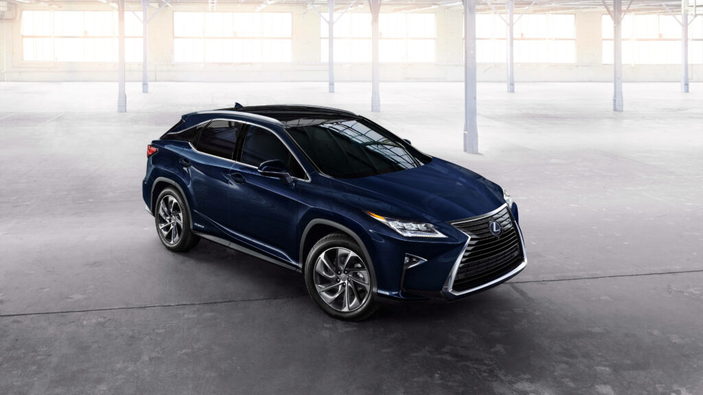 Lexus RX 450h Wallpaper: Sleek Blue Hybrid SUV in Minimalist Setting
