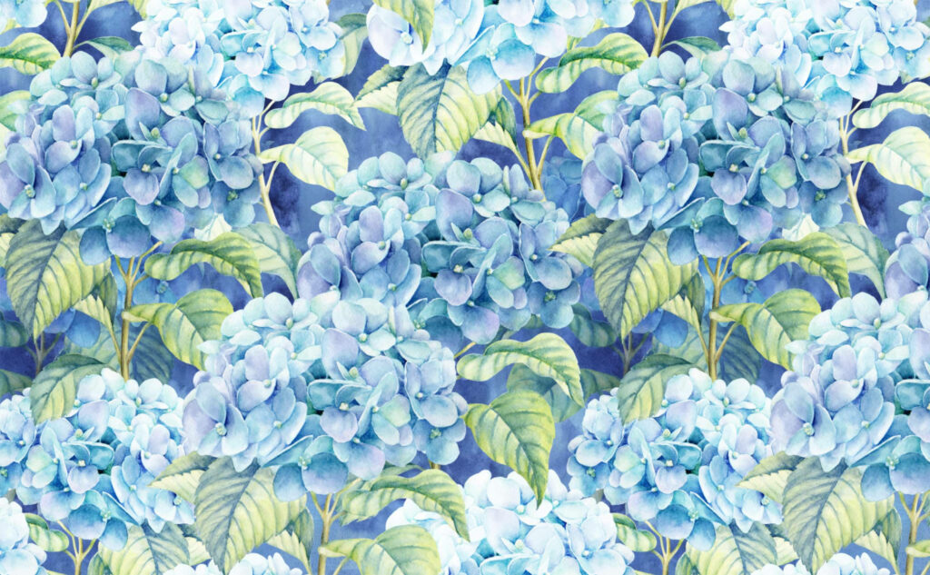 Elegant Light Blue Hydrangeas on Lush Green Background Wallpaper