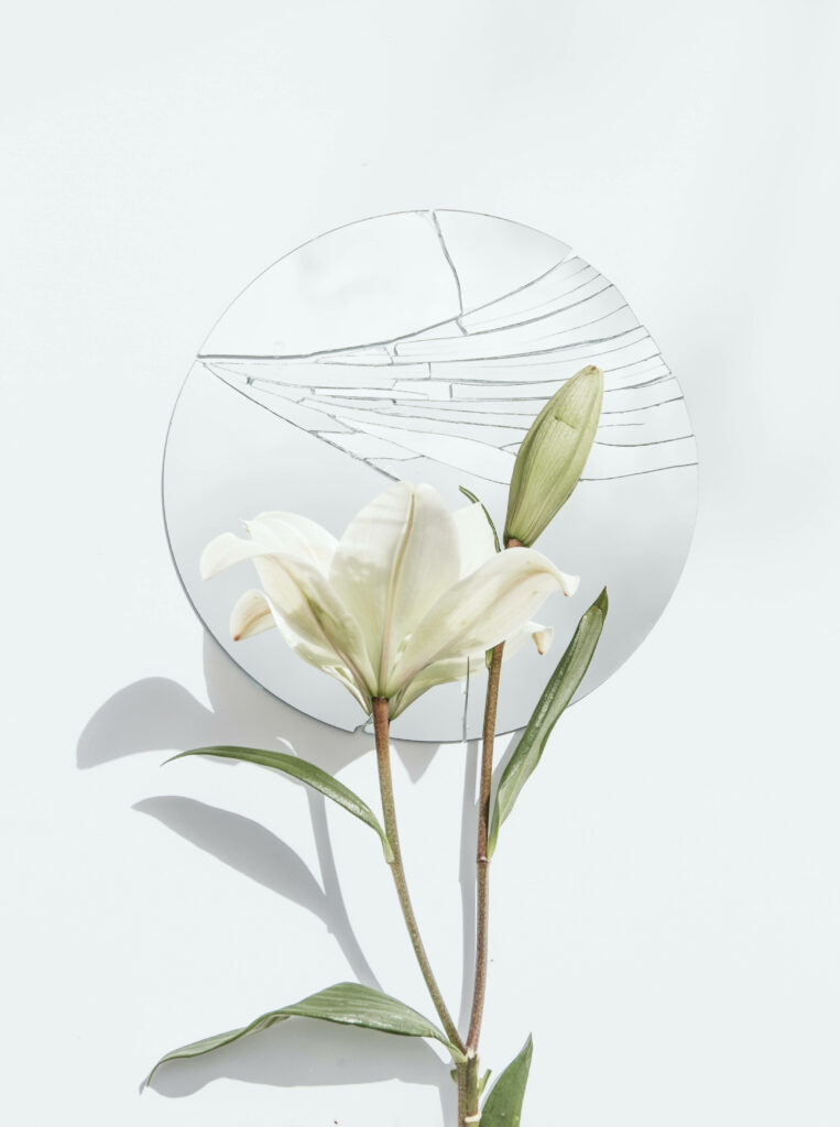 Elegant Lily Against a Cracked Mirror: Fragile Beauty Wallpaper