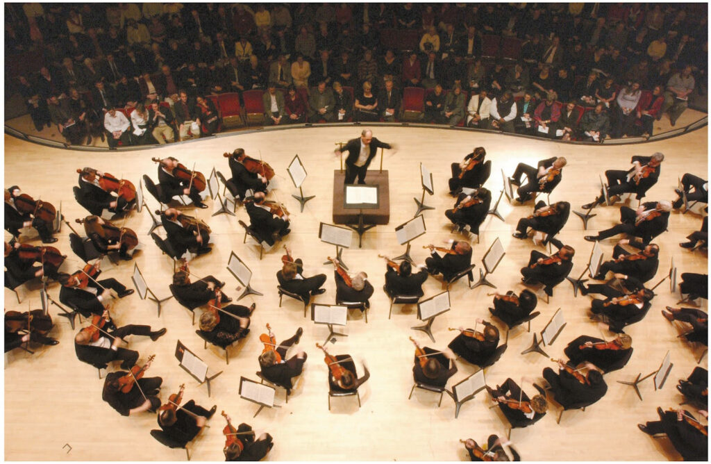 Elegant Orchestra Performance Wallpaper: Overhead View of Musicians