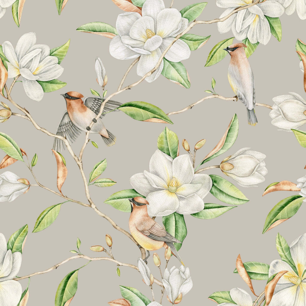 Elegant Magnolia Flower and Bird Wallpaper - Nature-Inspired Design