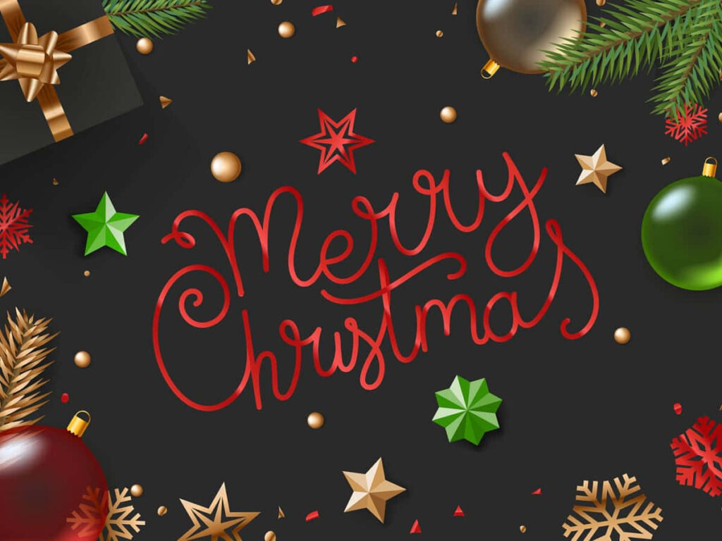 Elegant Merry Christmas Wallpaper with Ornaments & Evergreen Decor