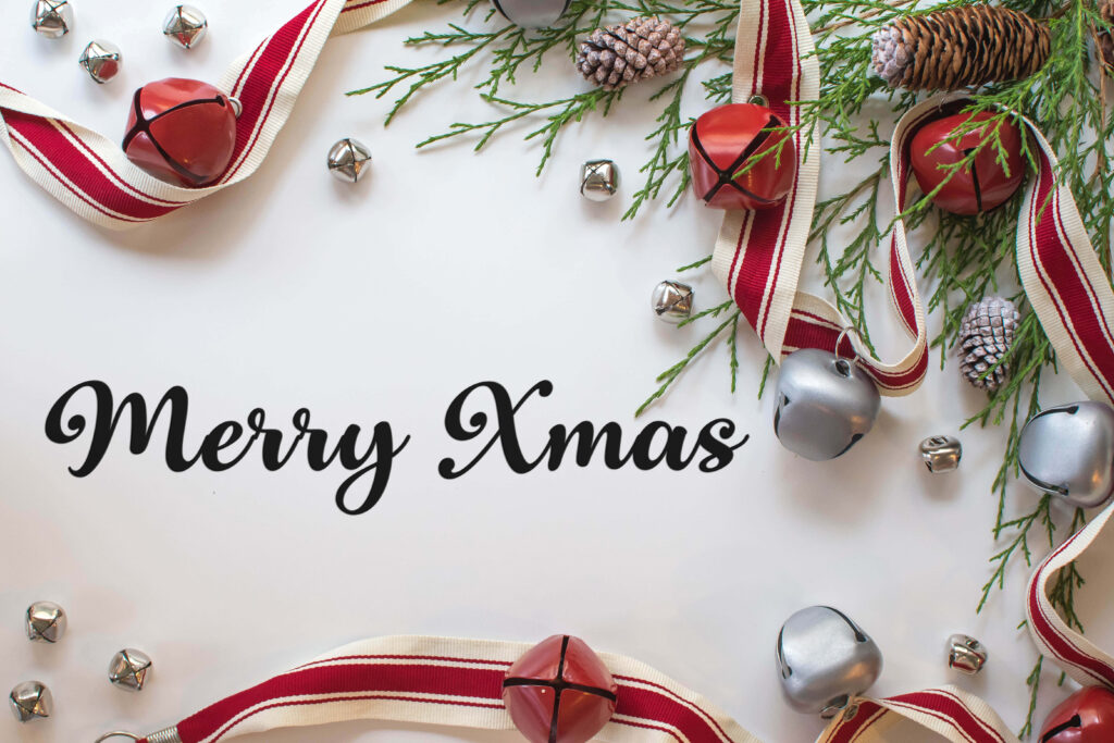 Merry Xmas Festive Wallpaper: Elegant Bells & Pine Holiday Background