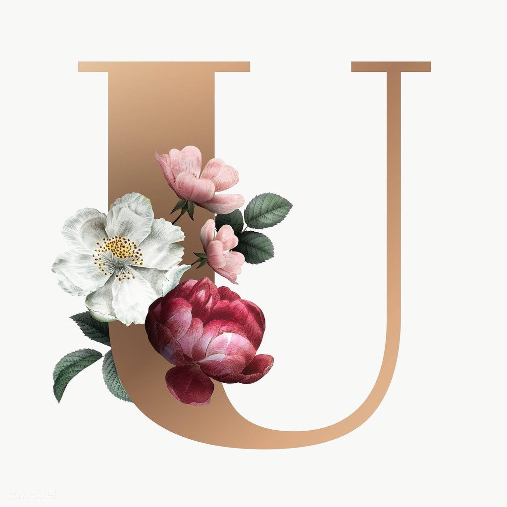 Elegant metallic copper Letter U wallpaper with white red pink flowers and green leaves design