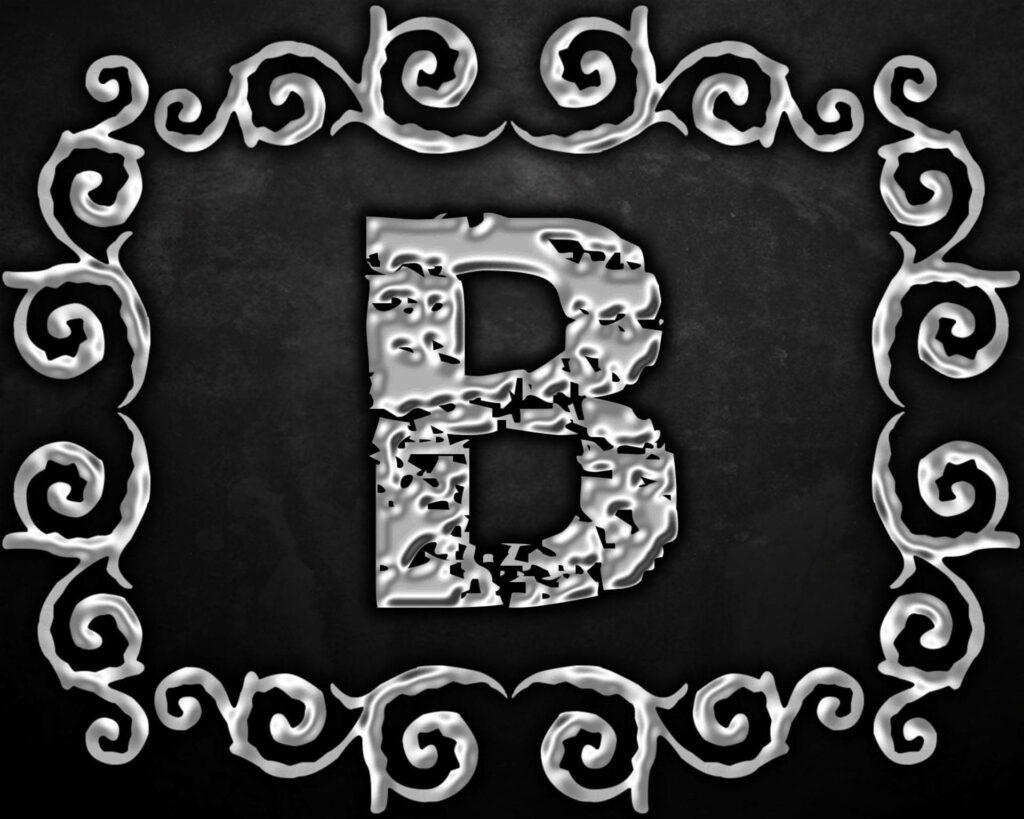 Metallic silver letter B with intricate swirling patterns on dark elegant wallpaper background