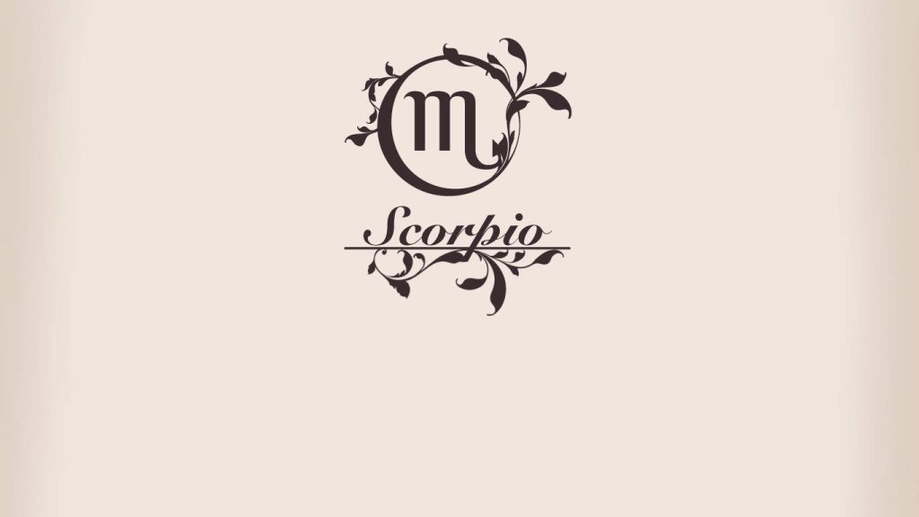 Minimalist Scorpio zodiac wallpaper with floral circle glyph and elegant dark brown script on cream background