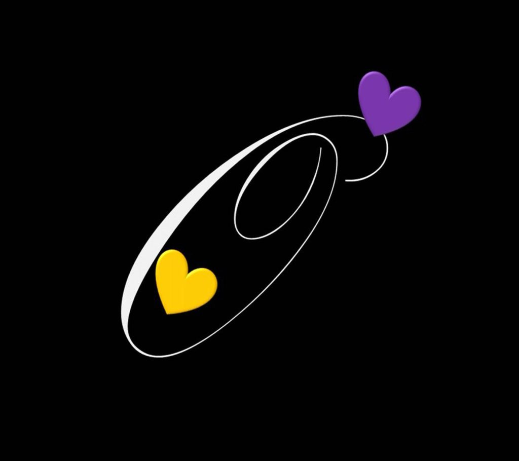 Minimalist white cursive letter O wallpaper with yellow and 3D purple hearts on black background
