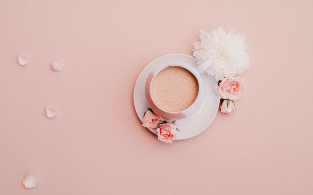 Elegant Pastel Wallpaper: Coffee Cup & Delicate Floral Accents