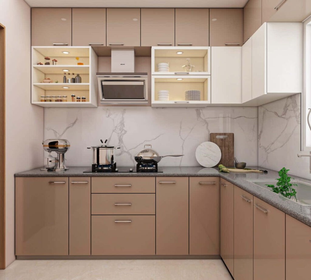 Elegant Modern Kitchen Wallpaper with Neutral Tones & Modular Cabinets