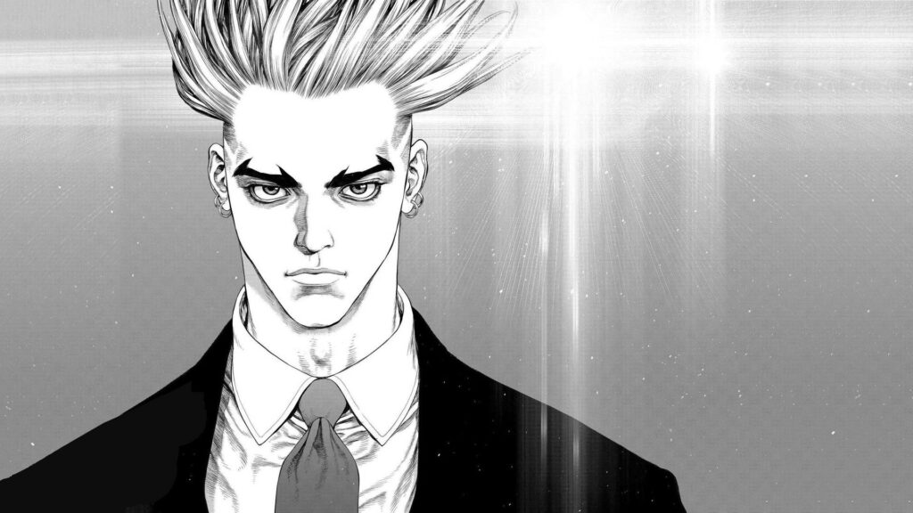 Elegant Monochrome Anime Character Posing in a Formal Attire - Dramatic Black and White Anime Boy in the Background Wallpaper