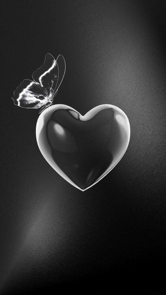 Elegant Monochrome Wallpaper: Metallic Heart & Butterfly Design