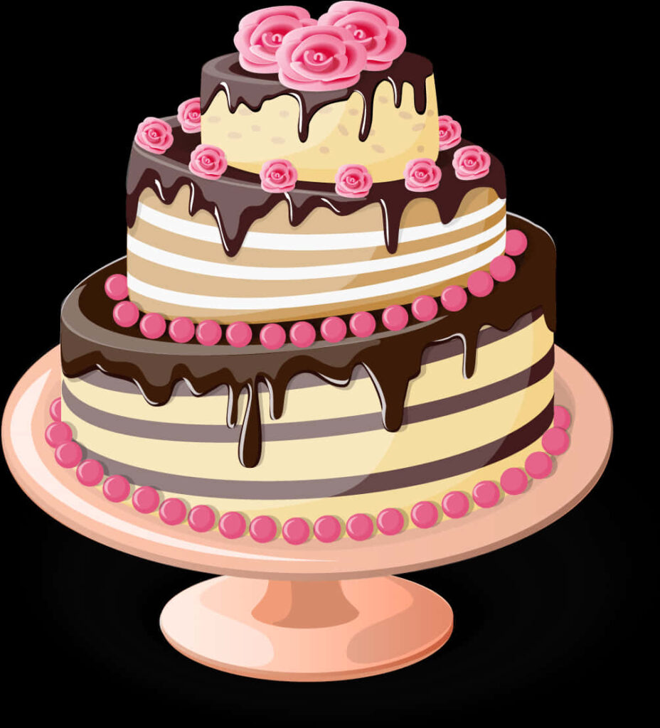 Elegant Multi-Tiered Birthday Cake with Chocolate Drips & Roses Wallpaper