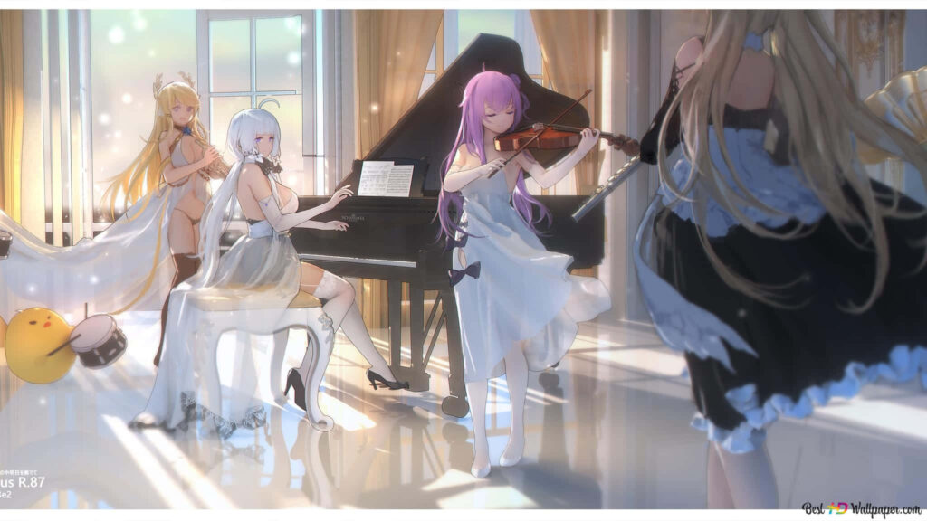 Elegant Musical Quartet Wallpaper: Serene Sunlit Room Design