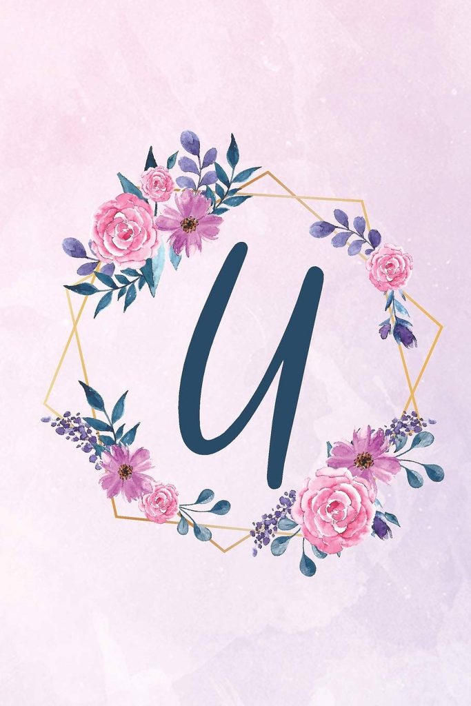 Navy cursive U monogram with gold hexagon and pink purple watercolor flowers wallpaper background